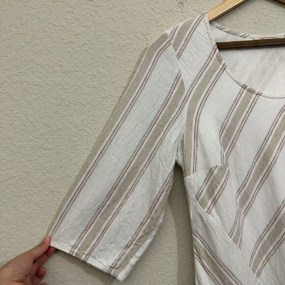 SOFT SURROUNDINGS Equinox Linen Blend Shift Dress in Stripes Ivory/Tan - Picture 4 of 12